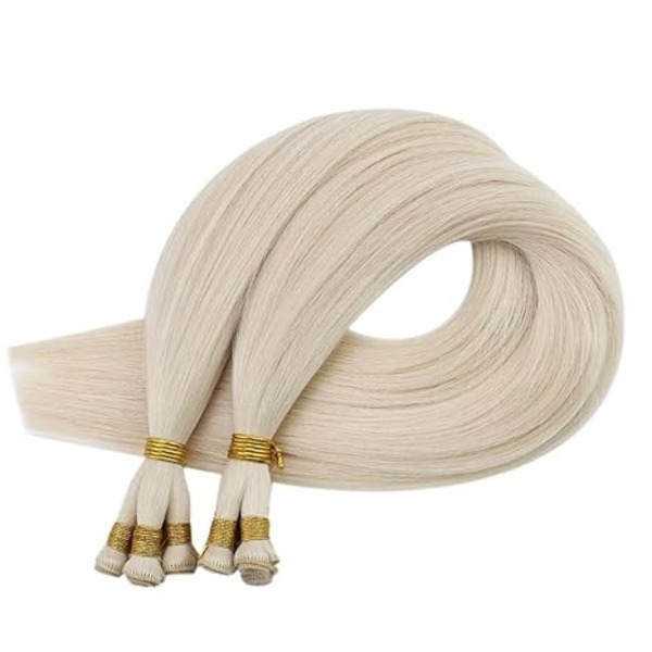 Hand Tied Weft 100% Virgin Human Hair Silky Straight Invisible Brazilian 60 Platinum Blonde 16inches