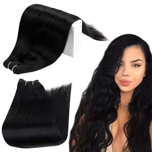 Double Drawn Weft Hair Bundles Extensions Silky Straight Human Hair 18Inch Jet Black