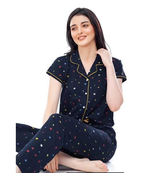 Cotton Nightsuit Set for Women, Short Sleeves, Floral, Pajama with 2 Pockets