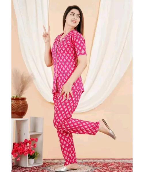 Cotton Nightsuit Set for Women, Short Sleeves, Floral, Pajama with 2 Pockets