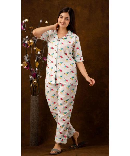 Cotton Nightsuit Set for Women, Short Sleeves, Floral, Pajama with 2 Pockets
