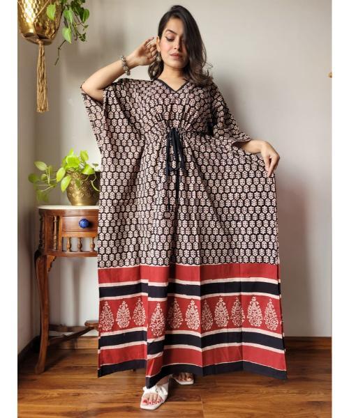 Cotton Floral Kaftan with Striped Border
