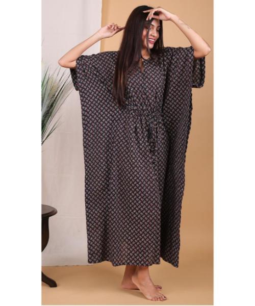Cotton Floral Kaftan with Striped Border