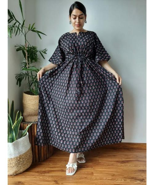 Cotton Floral Kaftan with Striped Border