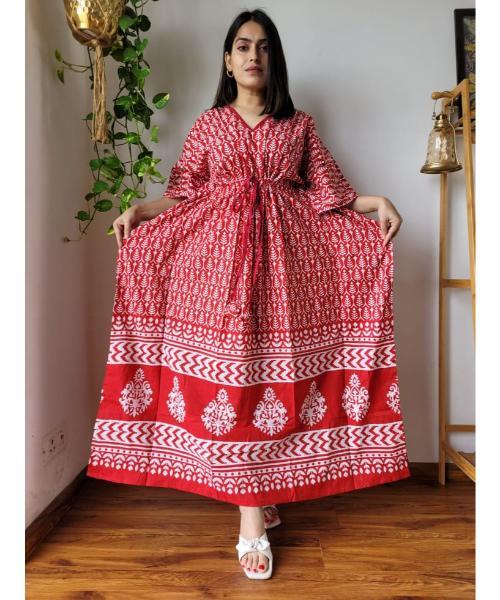 Cotton Floral Kaftan with Striped Border