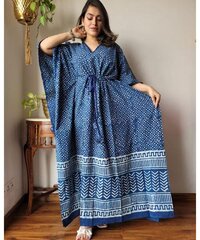 Cotton Floral Kaftan with Striped Border