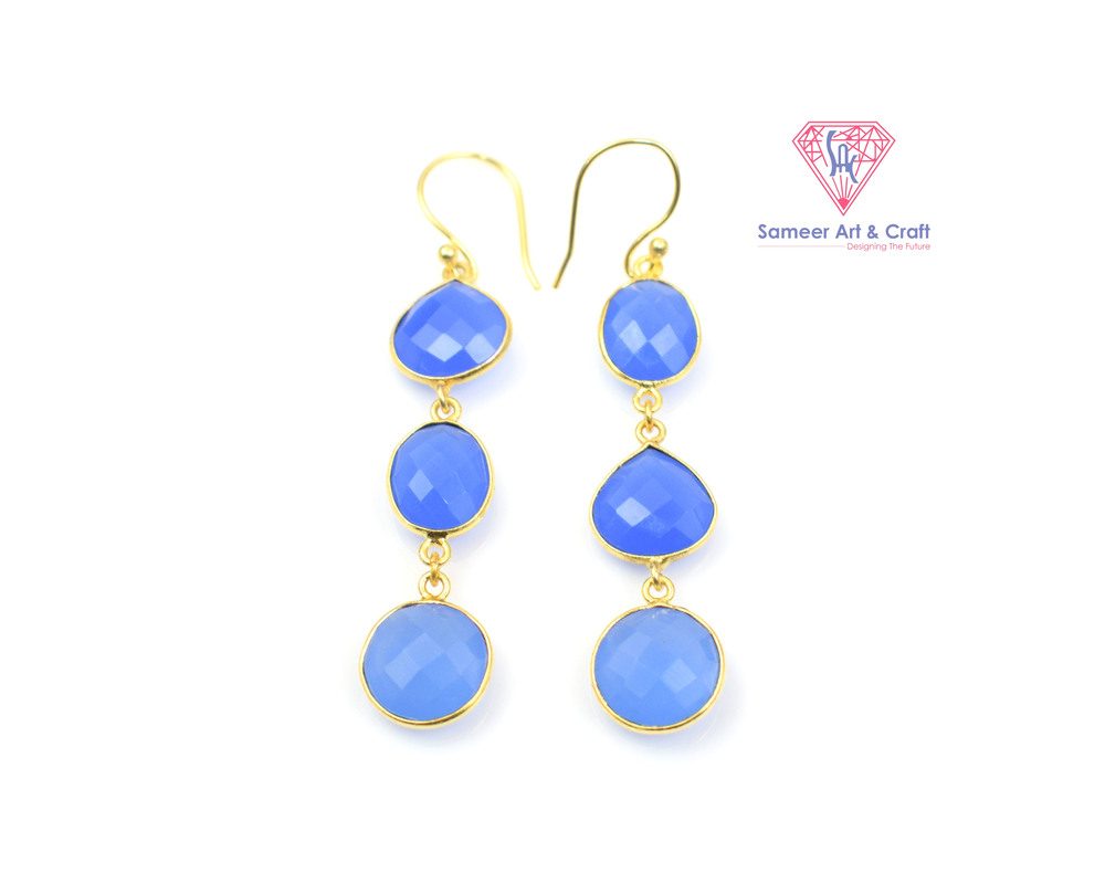 Classy Blue Chalcedony Gemstone Handmade Gold Plated Hoop Earring
