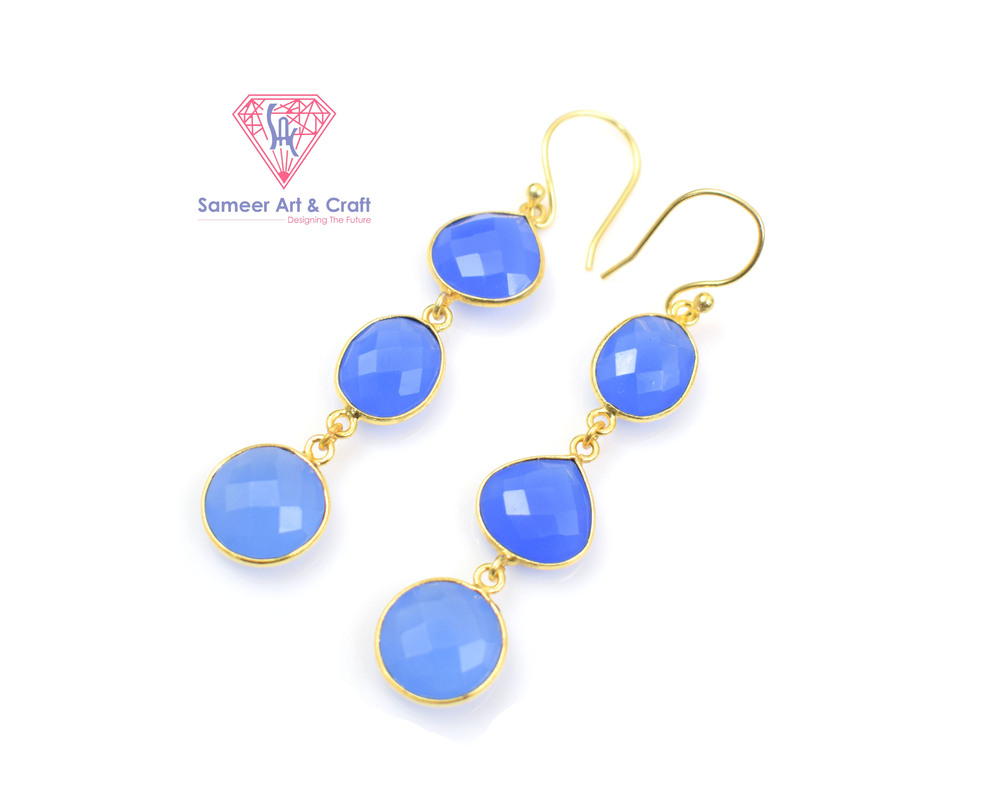 Classy Blue Chalcedony Gemstone Handmade Gold Plated Hoop Earring