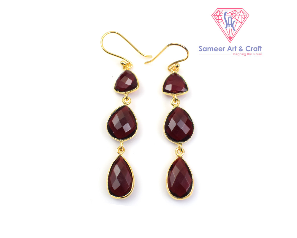 Elegant Red Garnet Gemstone Handmade Gold Plated Hoop Earring