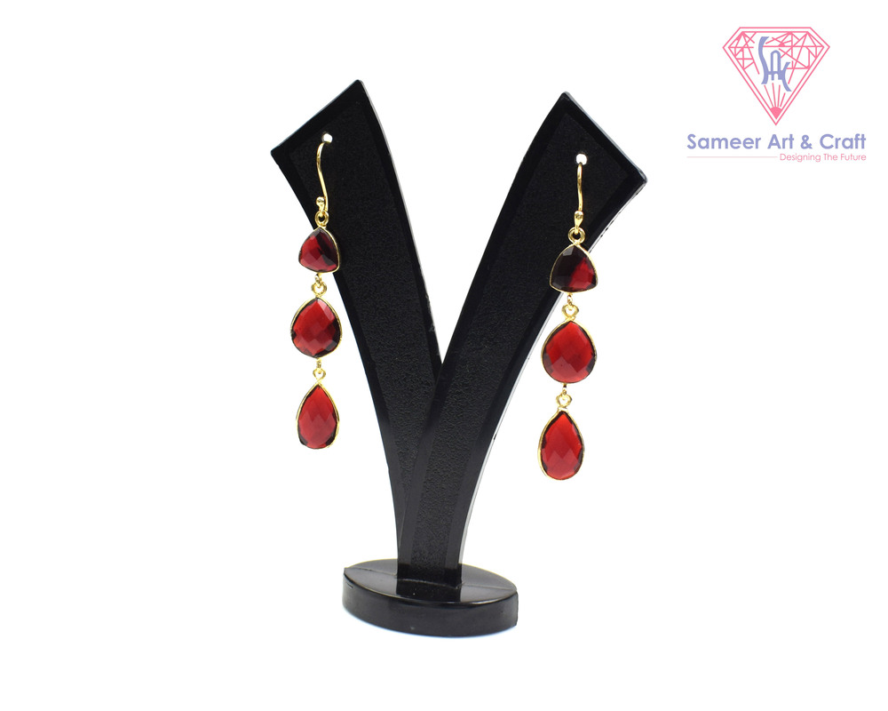 Elegant Red Garnet Gemstone Handmade Gold Plated Hoop Earring