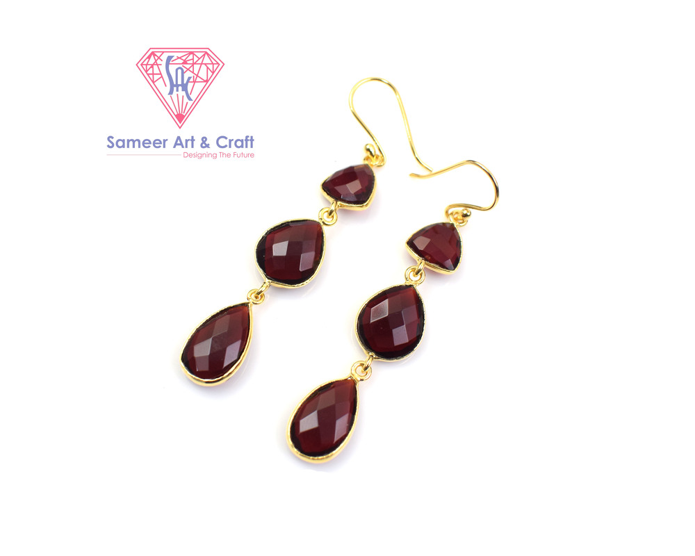 Elegant Red Garnet Gemstone Handmade Gold Plated Hoop Earring