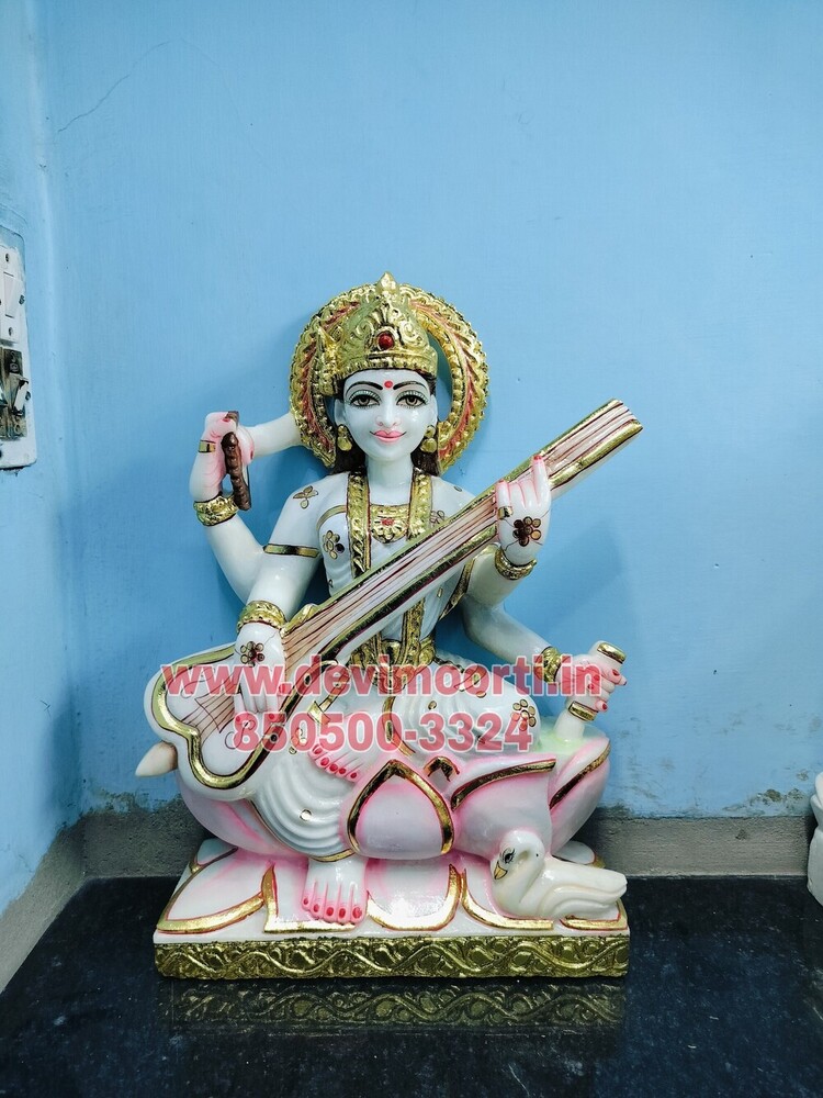 Marble Saraswati Multicolour statue 