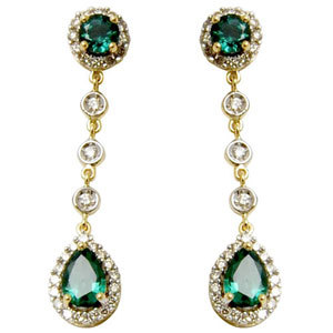 Long Drop Earrings - 18K Yellow Gold, 5.48 gms, 1.79 cts Genuine Diamond & Emerald, Customizable Design, Suitable for Weddings & Parties