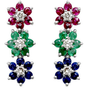 Multicolored Gemstone Earring And Ring Set - 18k White Gold, 4.36 Gms, 0.38 Ct Ruby, 0.35 Ct Emerald, 0.38 Ct Blue Sapphire, Vs Diamond With Customization Options, Perfect For Weddings And Other Occasions