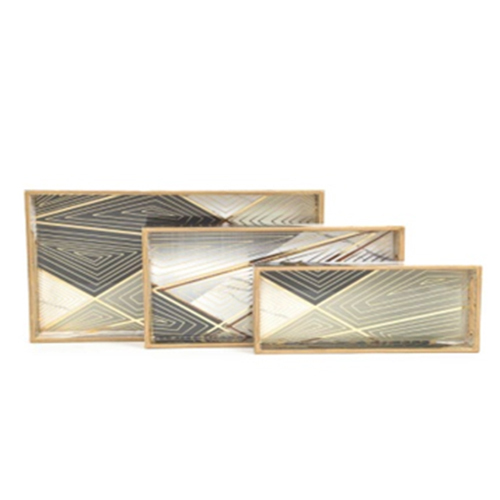 Wooden Printed Seving Tray Set Of 3 - Finish: Polished
