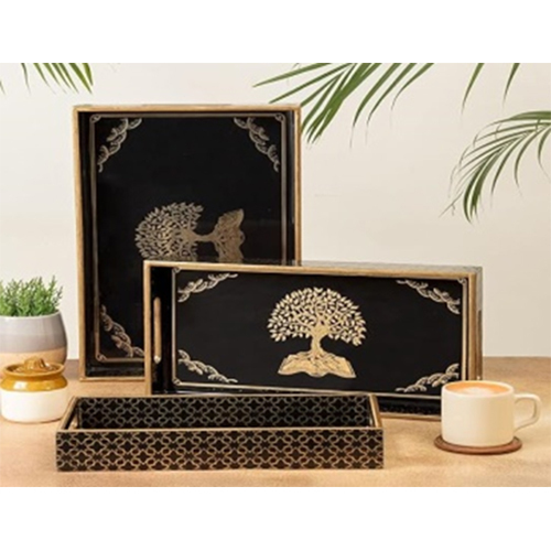 Mdf Wood Rectangle Trays Set Of 3 Printed - Color: Black