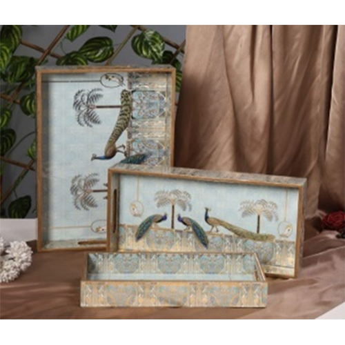 Enamel Coated Wooden Rectangle Trays Set Of 3