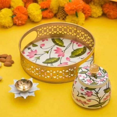 Metal Pichwai Tray With Jar