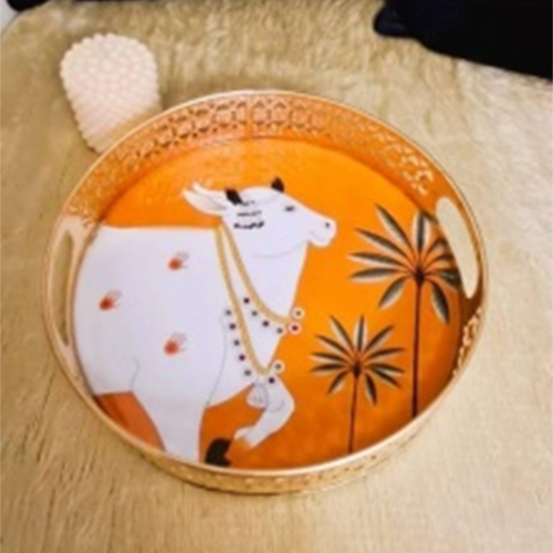 Metal Pichwai Round Tray - Color: Orange