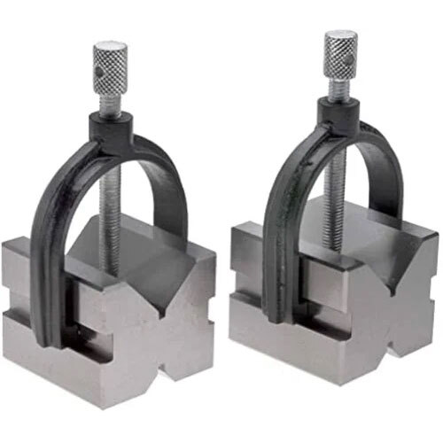 V Block Set Non Magnetic Hardened & Ground with Clamp - Steel, 75x75x56 mm, Grey | Industrial Usage, Durable Non-Magnetic Design