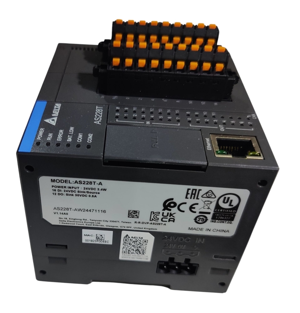 Delta Plc As228t-a - 24vdc Power Input, 3.4w, 16 Di (24vdc Sink/source), 12 Do (Sink 30vdc, 0.5a) | Industrial Automation Controller