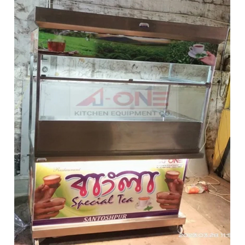 Stainless Steel Tea Counter - Stainless Steel, 34+36 Inch Height, Silver Color, Polished Finish, LED Lights, Glass Accents | Modern Design for Tea Bars & Cafes