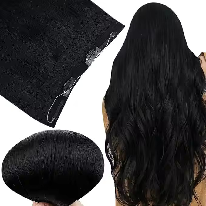 Zed Black Color Remy Hair Double Machine Weft Clip-In  Wire Fish Line Real Hair Extension 18 Inch