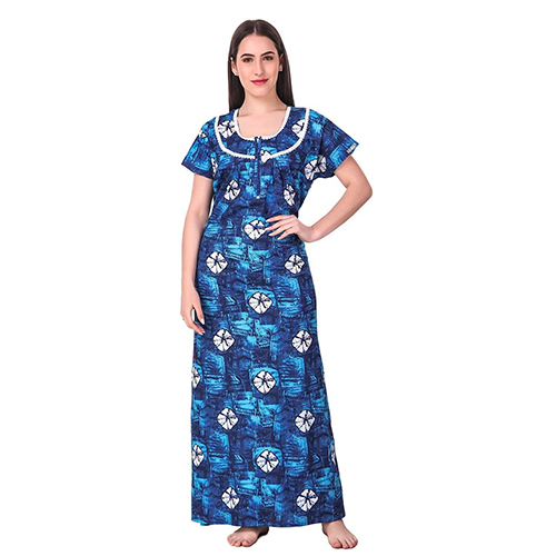 Blue Cotton Printed Maxi Nighty - Color: Multi Color