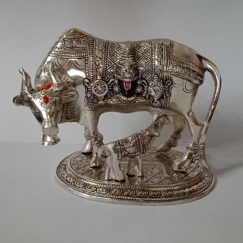 Metal Kamdhenu Cow Statue - Color: Silver