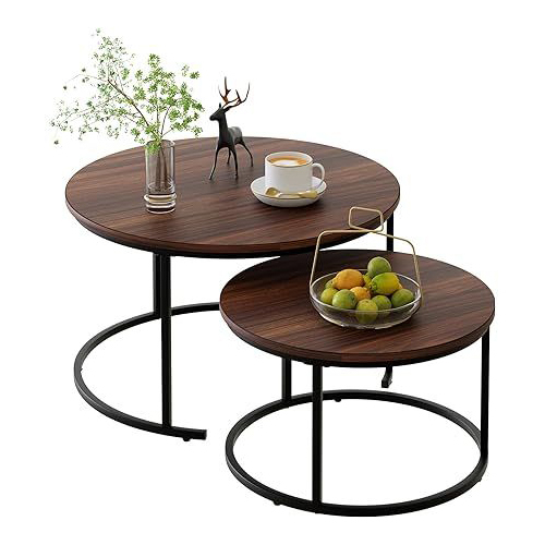 Nesting Table In Iron With Wooden Top And Matte Black Finish, - Color: Brown
