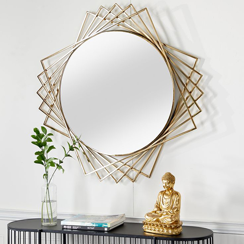 Iron Golden Finish Wall Mirror - Shape: Round