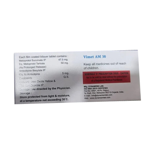 50mg Vimet AM Metoprolol Succinate Amlodipine Besylate Tablets