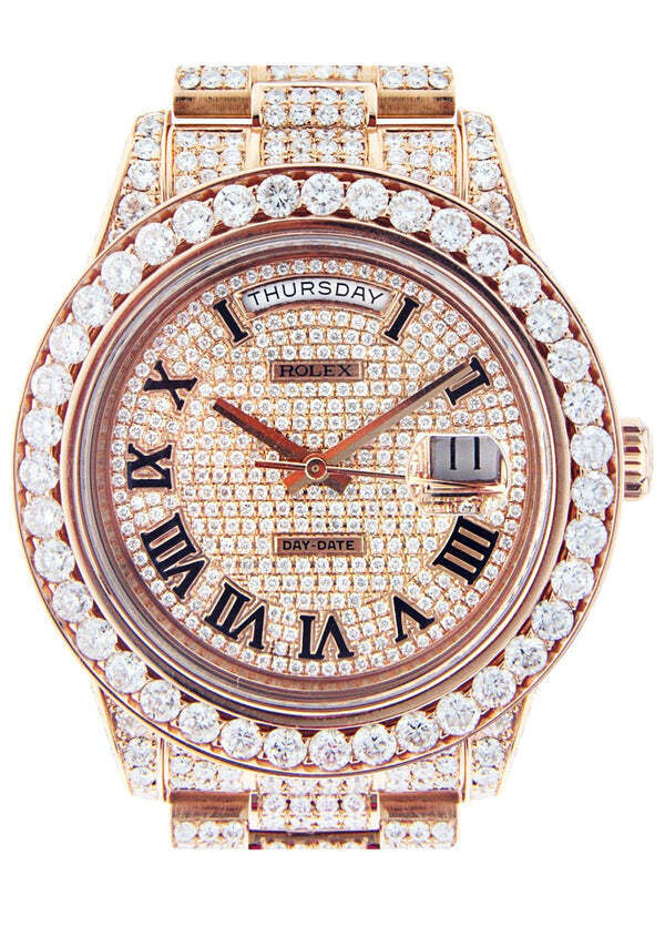 Custom Lab Grown Diamond Day-Date Watch, 18K Rose Gold, Roman Dial, Fully Iced Out