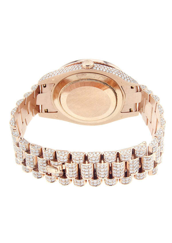 Custom Lab Grown Diamond Day-Date Watch, 18K Rose Gold, Roman Dial, Fully Iced Out