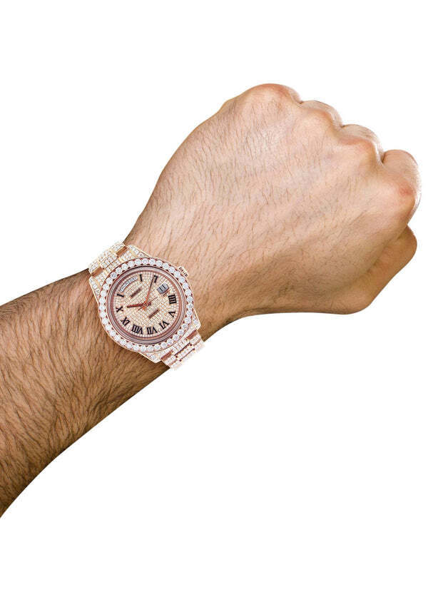 Custom Lab Grown Diamond Day-Date Watch, 18K Rose Gold, Roman Dial, Fully Iced Out