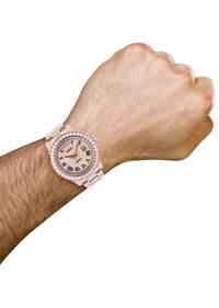 Custom Lab Grown Diamond Day-Date Watch, 18K Rose Gold, Roman Dial, Fully Iced Out