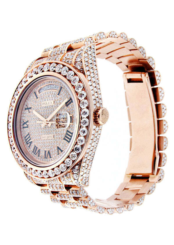 Custom Lab Grown Diamond Day-Date Watch, 18K Rose Gold, Roman Dial, Fully Iced Out