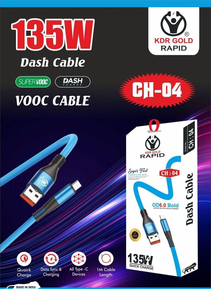 Rapid 135W Type-C Cable With 1 Year Warranty - Color: Multi Color