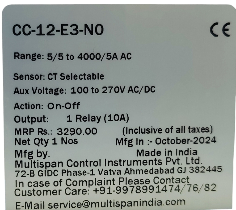 Multispan Cc-12-e3-n0 - Voltage 100 To 270v Ac, Output 1 Relay (10a), Action On-off, Current Range 5/5 To 4000/5a, Ct Selectable To 4000/5a