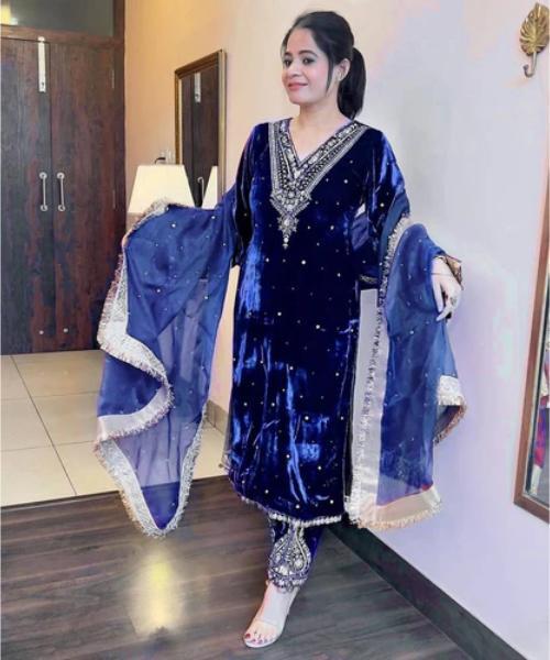 Cyan Heavy Pure Viscose Velvet Top with Plazzo & Dupatta Set - Embroidery, Sequence Work, and Rivet Moti Accents