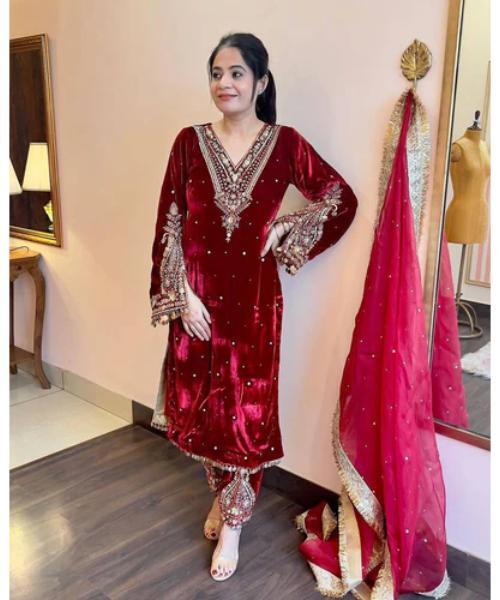 Cyan Heavy Pure Viscose Velvet Top With Plazzo & Dupatta Set - Embroidery, Sequence Work, And Rivet Moti Accents - Neck Style: V-neck