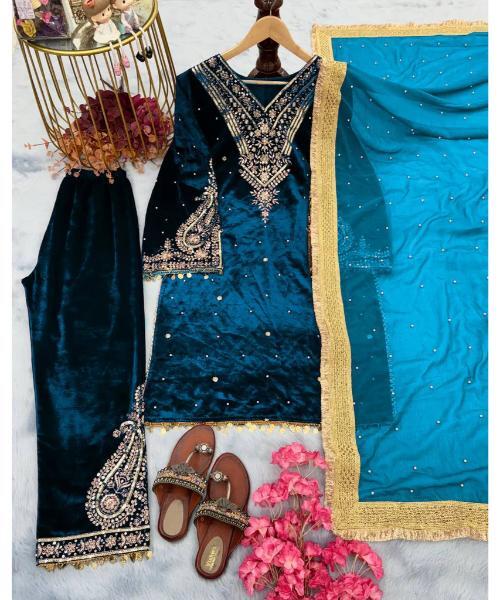 Cyan Heavy Pure Viscose Velvet Top With Plazzo & Dupatta Set - Embroidery, Sequence Work, And Rivet Moti Accents - Neck Style: V-neck
