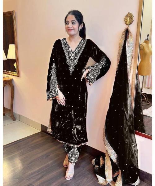 Cyan Heavy Pure Viscose Velvet Top With Plazzo & Dupatta Set - Embroidery, Sequence Work, And Rivet Moti Accents - Neck Style: V-neck