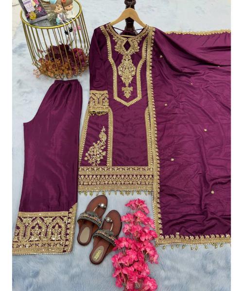 Red Premium Designer Readymade Chinon Silk Top, Plazzo & Dupatta Set  Party Wear Elegance