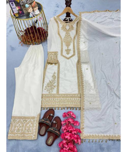 Red Premium Designer Readymade Chinon Silk Top, Plazzo & Dupatta Set  Party Wear Elegance