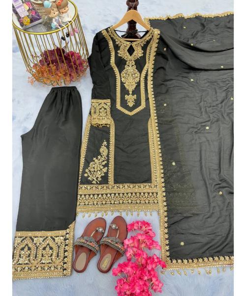 Red Premium Designer Readymade Chinon Silk Top, Plazzo & Dupatta Set  Party Wear Elegance