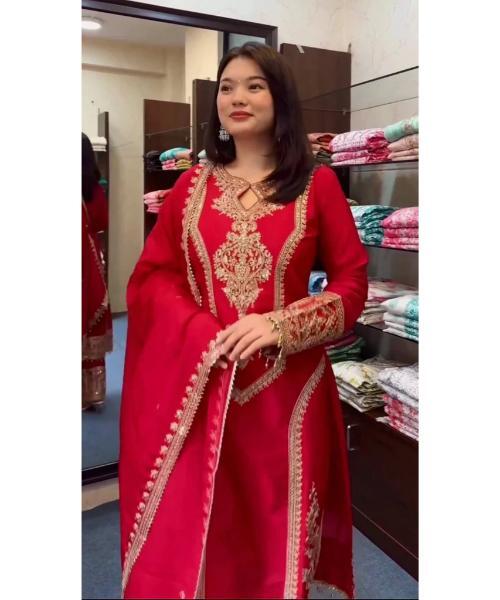 Red Premium Designer Readymade Chinon Silk Top, Plazzo & Dupatta Set  Party Wear Elegance