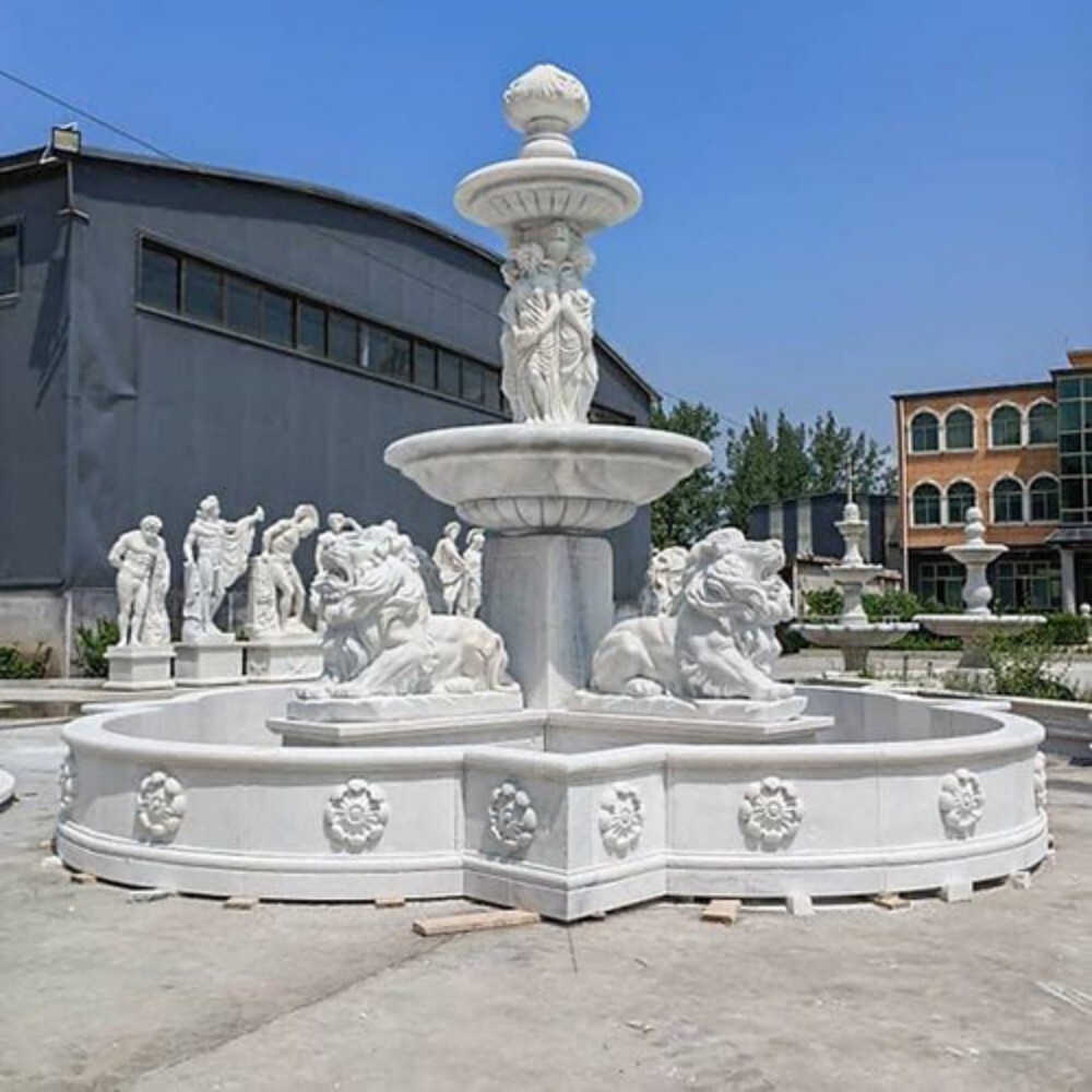 Large Carved Marble Lion Fountain - Color: White