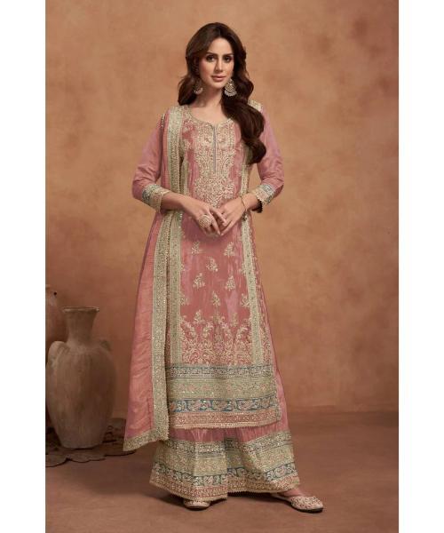 Elegant Embroidered Chinon Top & Plazo Set with Dupatta