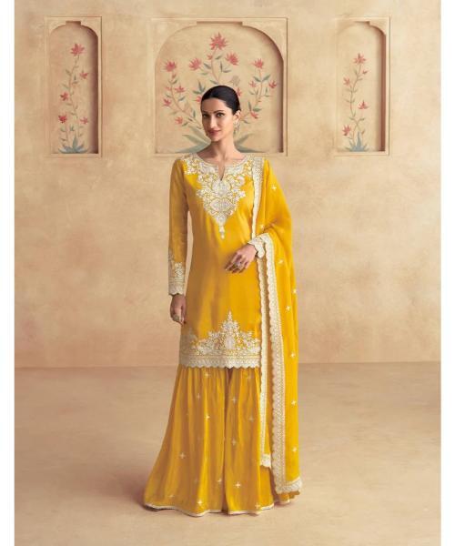 Elegant Embroidered Chinon Top & Plazo Set With Dupatta - Color: Multicolor